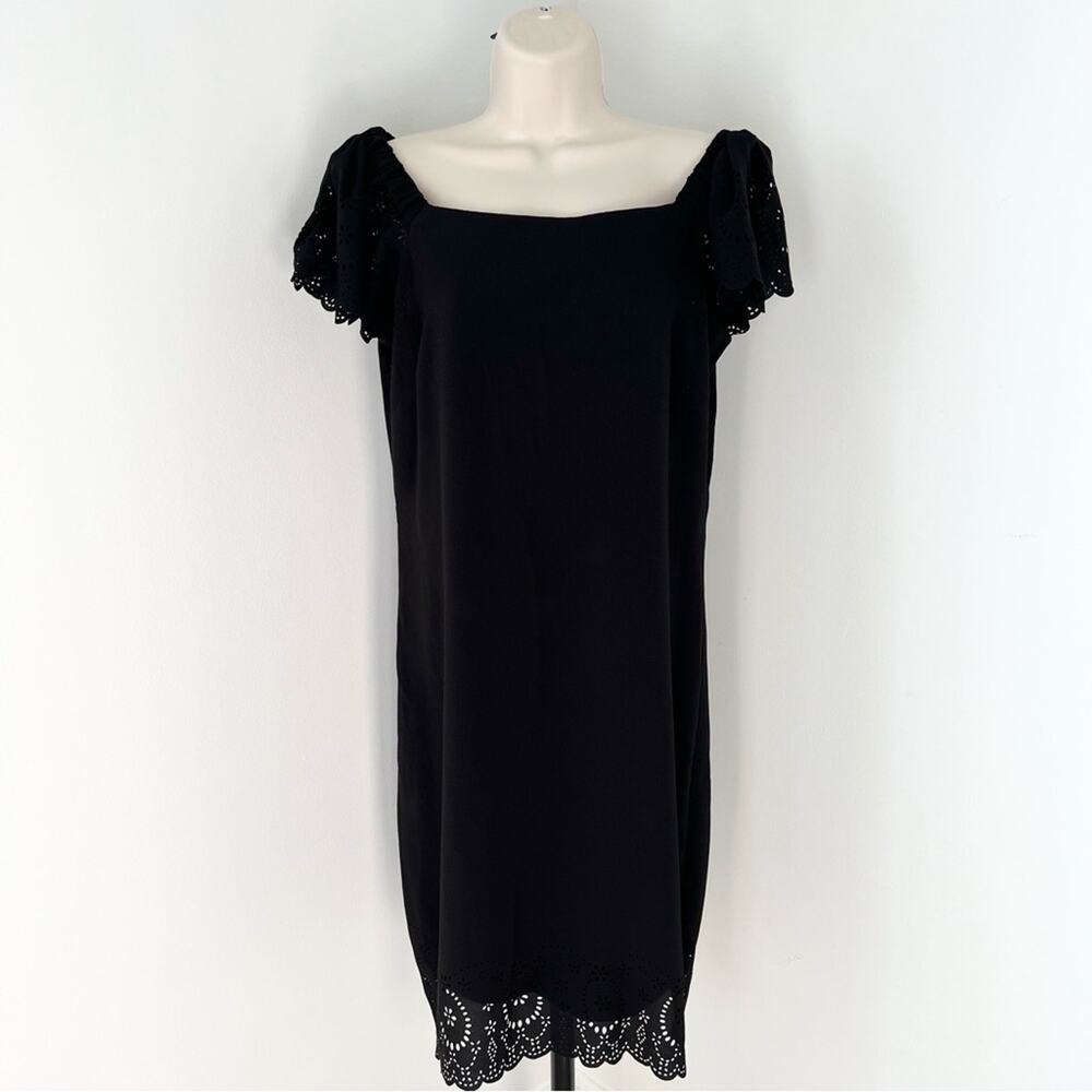 ELLE Black Eyelet Dress Short Sleeve Off Shoulder Cut Out Lace Detail LBD Size S